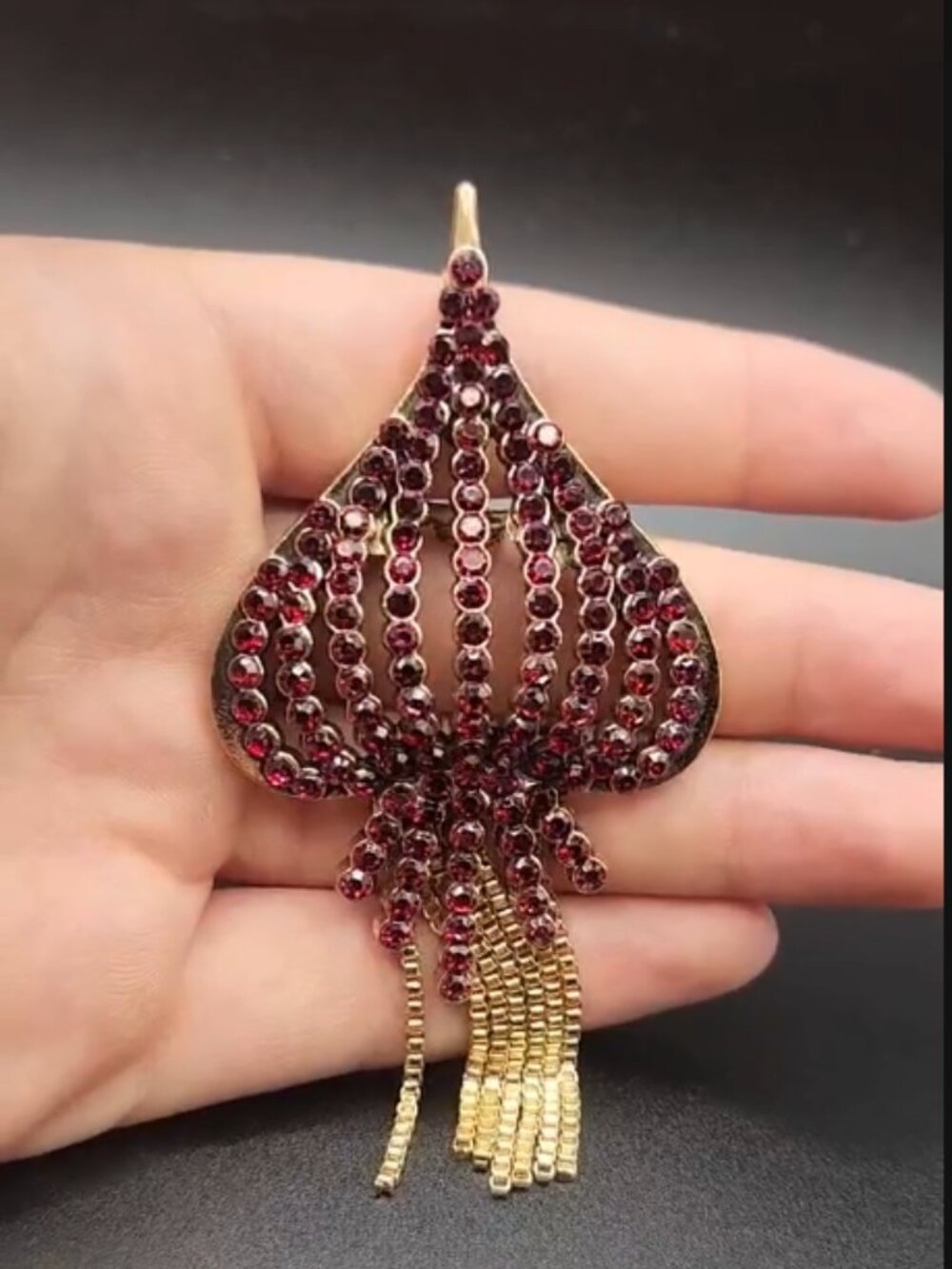 Mideastern Vibe Tassel Statement Brooch Red Rhinestones & Dangling Chains